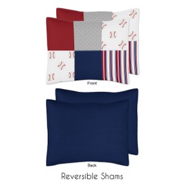 Sweet Jojo Designs Red, White and Blue Baseball Patch Sports Boy Full/Queen Kid Teen Bedding Comforter Set - 3 Pieces - Grey Patchwork Stripe