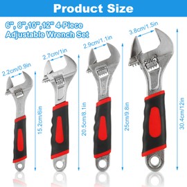 Oungy 4-Piece Adjustable Wrench Set，with Non-Slip Rubber Grip Wrench Set, 12-Inch, 10-Inch, 8-Inch, 6-Inch, Steel, for Automotive, Plumbing and Home Repairs