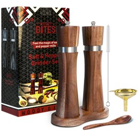 WoodyBites Elegant Acacia Wood Salt and Pepper Grinder Set Manual, 8-inch Salt Grinder Refillable with Adjustable Coarseness, Durable Wooden Base, Gold Funnel, Spoon and Cleaning Brush