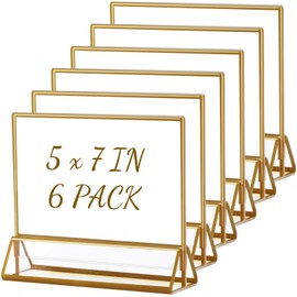 Boxalls Gold Border Acrylic Sign Holder, 5x7 inch Horizontal Acrylic Picture Frames Clear Double Sided Holder for Restaurant, Wedding Table Menu Recipe Cards Photo Display 6 Pack