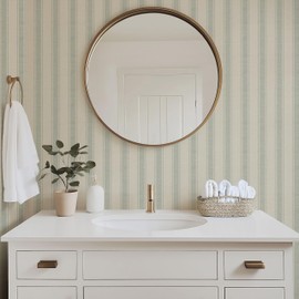 RollsRolla Beige Stripe Peel and Stick Fabric Canvas Wallpaper - Temporary Wallpaper for Accent Wall, Bathroom, Bedroom, Living Room (Green)