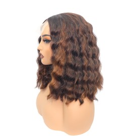 14 Inch Short Bob Wig Highlight Color Deep Water Wave Glueless Middle Part Wavy Small Lace Wet and Wave Curly Hair for Black Women Natural Looking Heat Resistant Fiber Synthetic Wig Ombre Color