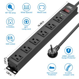 CRST Heavy Duty 6-Outlet Power Strip Surge Protector 2100J 6Ft Cord & 15A Breaker - Black