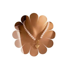 Allereya Round White Simulated Pearl Necklace Love Heart Locket Necklace Pendent Necklace Gold Pearl choker Necklace Toggle T Bar Chain Necklace Jewelry for Women and Girls