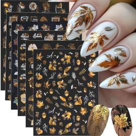 6Pcs Fall Nail Stickers Maple Leaves Nail Decals DIY Self Adhesive Thanksgiving Gold Leaves Nail Design Autumn Nail Decoration Supplies Manicure Accessories for Women Girls