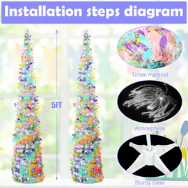 Sosation 2 Pcs 5 ft LED Easter Trees Green Tinsel Pop up Artificial Pencil Trees with String Lights Collapsible for Easter Party Fireplace Home Decorations(Multicolor)