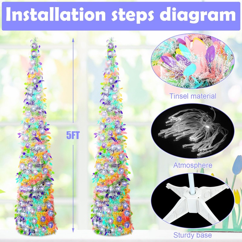 Sosation 2 Pcs 5 ft LED Easter Trees Green Tinsel