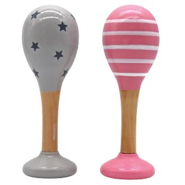 PREMYO Rattle Baby Music Toy - Wooden Toy Maracas Baby Toy - Stars Stripes Pink Grey