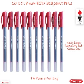 SAINO Fine-X Ballpoint Pens, RED, 0.7mm Fine Point, Pack of 10, School Office Home Value Pack, ZOFAX Black Ball Pen