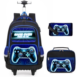 Bevalsa Rolling Backpack for Boys, 3PCS Gamer Roller School Backpacks with Lunch Box & Pen Case, Kids Bookbag Schoolbag with Wheels for Teen Boy Kindergarten Elementary Middle School