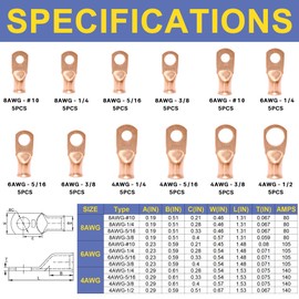 Haisstronica 60PCS Copper Wire Lugs Kit(AWG 8 6 4),Heavy Duty Battery Cable End,Bare Copper Crimp Connectors,Eyelets Tubular Ring Terminals(4Sizes/12Types)