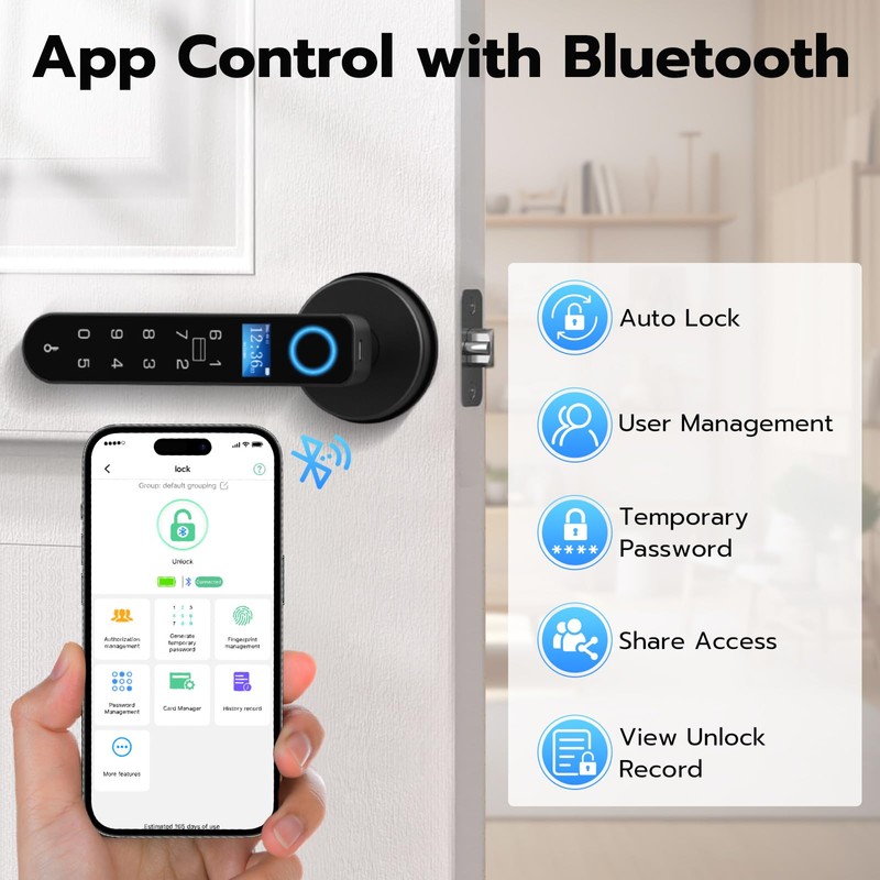 Smart Fingerprint Door Knob Lock with Display Screen, Fingerprint Biometric