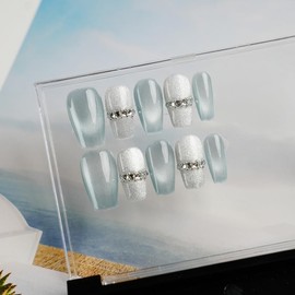 [GLORS] Purly Handmade Medium Ballerina Press on Nails | Blue False Nails with Rhinestones | Salon Quality Nail Art in Medium Ballerina, 10 pieces (L, MB)