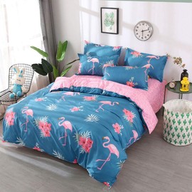 Loussiesd Flamingo Duvet Cover Tropical Animal Bedding Set Blue Pink Floral Comforter Cover for Girls Children Women Bedroom Decor Girly Flowers Bedspread Cover Double Size with 2 Pillow Case