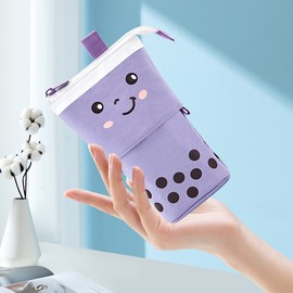 MAMUNU Stand Pencil Case Cartoon Cute Telescopic Pencil Pouch Pen Holder Kawaii Canvas Pencil Holder Cosmetics Makeup Bag for School Students Office Women Girls Boys Teenage Adult (Purple)