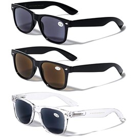 V.W.E. 3 Pairs Classic 80's Reading Sunglasses - Tinted Reader - Not Bifocal - Unisex (1 Black 1 Brown 1 Clear, 3.00, multiplier_x)