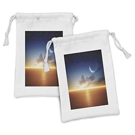 Ambesonne Ocean Fabric Pouch Set of 2, Sunset Sky with Moon and Stars Horizon Scenery Fantasy View Artwork Print, Small Drawstring Bag for Toiletries Masks and Favors, 9" x 6", Navy Yellow Orange