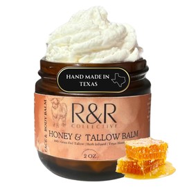 Handmade Honey & Tallow Balm- 100% Grass Fed Beef Tallow for Skin Care- 100% Natural Whipped Tallow Balm- Sensitive & Dry Skin, Eczema, Psoriasis- 2 FL. oz