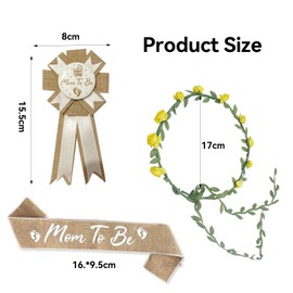 3PCS Mom to Bee Sash Mom to Be Pin, Neutral Burlap Maternity Sash Corsage Pin and Flower Crown Headband, Boho Style Mommy to Be Sash for Baby Shower Pin Set for Pregnant Keepsake Gifts
