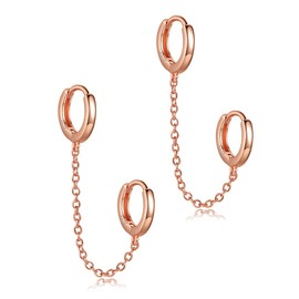 Unique Corn 14K Gold Plated Double Piercing Chain Hoop Earrings for Women Two Holes Connecting Earrings (Rose Gold)