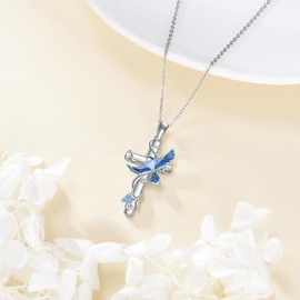 AXOMY Blue Jay Necklace 925 Sterling Silver Blue Jay Cross Pendant Necklace Bird Jewelry Gifts for Women Bird Lover