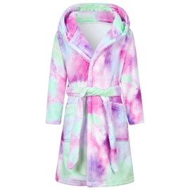 AIDEAONE Big Girl's Robes Pink Tie Dye Hooded Bathrobes Soft Flannel Sleepwear Warm Hooded Robes Size 7-9