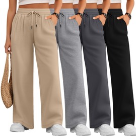 Evervibe 4 Pack Women's Plus Size Lounge Pants, Wide Leg Cotton Drawstring Yoga Pants Pajama Sweatpants with Pockets(Light Khaki, Light Gray, Dark Gray, Black,3X-Large)