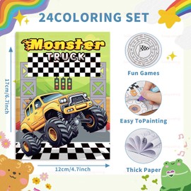 BenLouis 24 Monster Truck Mini Coloring Book Truck Birthday Themed Party Favor Activity Book Bulk for Kids Race Car Party Goodie Bags Stuffer Classroom Prizes Rewards Games Activities Supplies