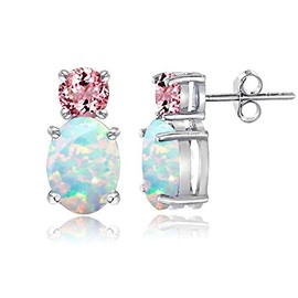 Opal Stud Earrings - Sterling Silver Synthetic White Opal & Pink Tourmaline Double Solitaire Stud Earrings for Women