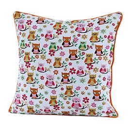 HOMESCAPES - 100% Cotton - Owl - Cushion Cover - 30 x 30 cm Square - 12 x 12 Inches - Orange Red White - 100% Cotton Sofa Pillow Cushion Cover - Washable