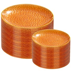 Rubtlamp 100Pcs Orange Plastic Plates, Orange Disposable Plates With Gold Rim, Hammered Plastic Plates Include 50 Dessert Platos, 50 Dinner Platos for Party