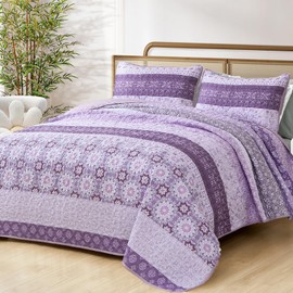 WONGS BEDDING Boho Quilt Set King,Purple Bohemian Striped Patchwork Bedspread Coverlet Set with 2 Pillowcases,Lightweight Microfiber Floral Quilt Bedding Set 104"×90"