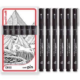 Uni Pin Fineliner Drawing Pens - Chisel Nibs - Black Ink - 3.0mm Nib - Pack of 6 - In Gift Box