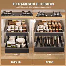 Seinloes 4 Pack Pull out Cabinet Organizer 21"Deep with Raising Pad for Framed Cabinets, Expandable Slide out Drawers for Kitchen Cabinets with 4pcs Divider Racks, Roll out Shelves 12.1"-20.4" W Black