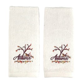 Decorative Fall Fingertip Towels: Plush Velour Cotton Embroidered Colorful Leaves Fall is in The Air, Set of 2