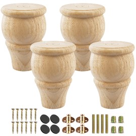 TCHOSUZ 4 inch / 10cm Wooden Furniture Legs, Pack of 4 Unfinished Solid Wood Turned DIY Replacement Bun Feet with M8 Hanger Bolts & T-Nuts or Sofa Couch Cabinet Recliner Ottoman Riser