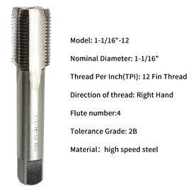 Lzcdelyxiao 1-1/16" Straight Flute Tap - UN Right Hand, Nominal Diameter 1-1/16", 12 Threads/IP, 2B Finish, High Speed Steel HSS