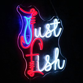 Virlusy Just Fish Neon Sign for Wall Decor Dimmable Fishing Led Light Signs Letters Neon Light Light Up Sign for Fishing Gear Living Room Man Cave Yacht Decoration Gift for Fishing Lovers