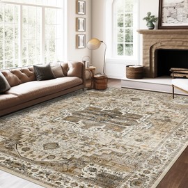 Roxstand 5x7 Area Rugs, Stain Resistant Machine Washable Area Rugs with Non-Slip Backing, Vintage Rugs for Bedroom, Living Room, Large Soft Low Pile Area Rug (Beige/Brown, 5'x7')