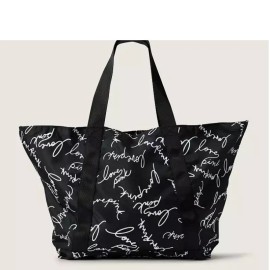 PINK Victoria's Secret Pink Black Script Logo Tote Zip Top Weekender Beach Bag