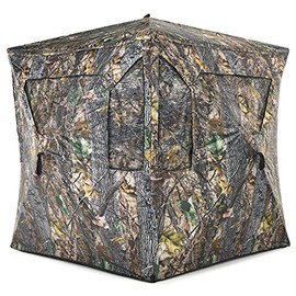 Tangkula 3 Person Pop up Ground Blind, Portable Hunting Blind with 360 Degree Mesh Windows, Carrying Bag & Ground Stakes, Camouflage Hunting Tent with Hub System, Camo Deer Blinds for Hunting