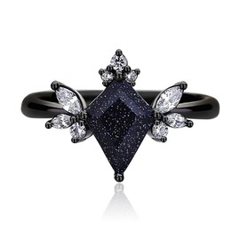 Redfishouse Unique Butterfly Promise Ring - Galaxy-Themed Eternity Band Rings for Women, Black Vintage Engagement Rings for Her with a 7x10 Kite Shaped Blue Sandstone