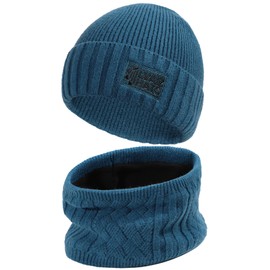 Winter Beanie Hat Scarf for Men Women Warm Knit Ski Beanie Skull Cap Neck Warmer Gaiter Set Blue