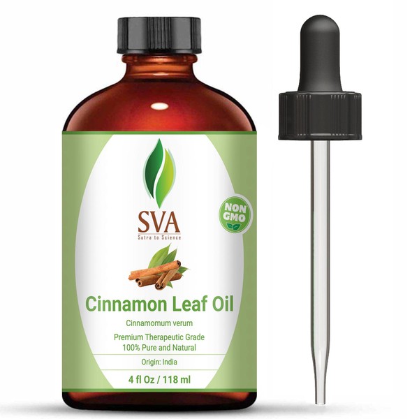 SVA Cinnamon Leaf Essential Oil 4 Oz | Woody, Spicy, Clove Like Aroma| 100% Pure, Natural, Premium Therapeutic Grade for Healthy Body, Massage, Relaxation, Skincare, Hair Care, Diffuser & Aromatherapy