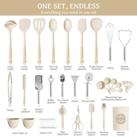 Kikcoin 43Pcs Large Kitchen Utensils Set - Silicone Cooking Utensils Set, Dishwasher Safe Spatula Set for Non-stick Cookware, 446°F Heat Resistant Kitchen Utensils Set with Holder BPA Free, Cream