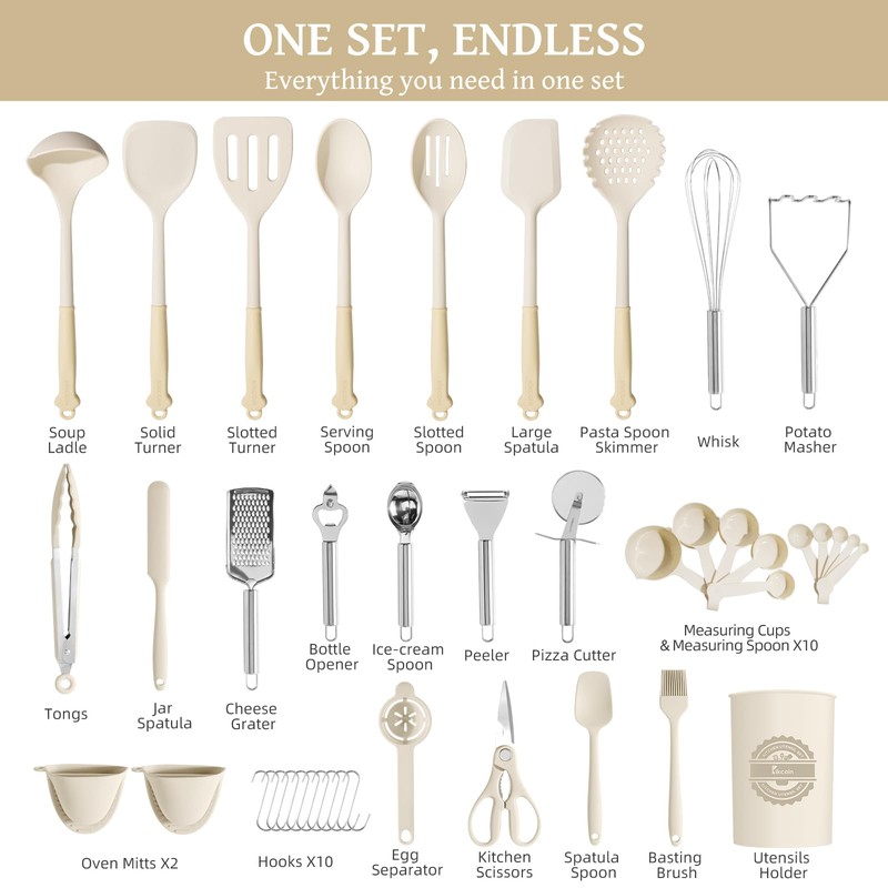 Kikcoin 43Pcs Large Kitchen Utensils Set - Silicone Cooking Utensils