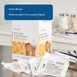 McKesson Perry Latex Surgical Gloves - Powder-Free, Extended Cuff, Hand Specific, Smooth, Micro-Thin, Sterile - Brown, Size 6.5, 50 Count, 1 Box