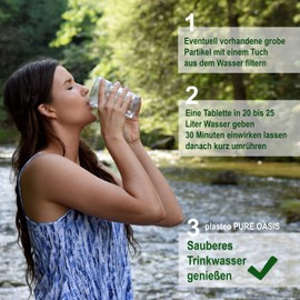 plasteo® Pure Oasis Water Purification Tablets Pack of 200 for up to 5000 Litres of Water Sterilization 100% Germ-free Drinking Water in 30 Minutes 1 x Glove Made of PE Recommended by WHO and CDC