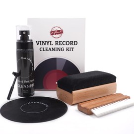 MayRecords Vinyl Record Cleaning Kit, 5-in-1 Nylon Microfiber Brush, 100ml Cleaning Fluid, Wooden Velvet Brush, Black Label Waterproof Protector Mat and Round Player Needle Cleaning Brush