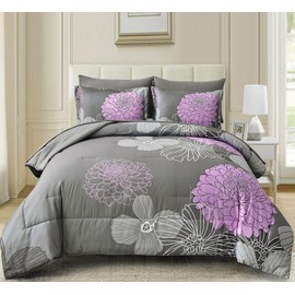 Yiran 7 Pieces Bed in a Bag Comforter Set Queen Size Grey Purple Bedding Sets Floral Soft Microfiber Comforter for All Seasons 90"×90"